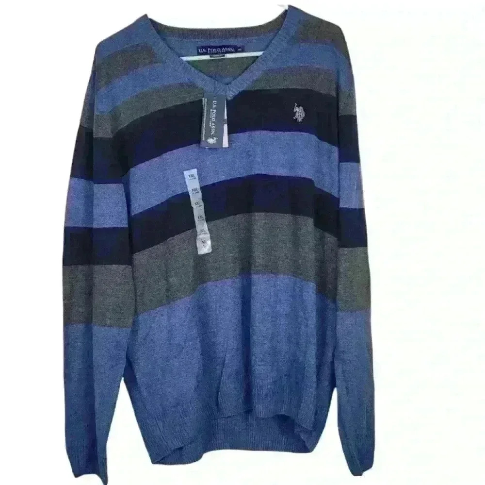 U.S. Polo Assn. V Neck Long Sleeve Pullover  Blue Gray Sweater XXlarge